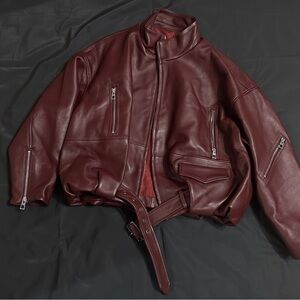 Burgundy Leather Jacket Women Loose Style